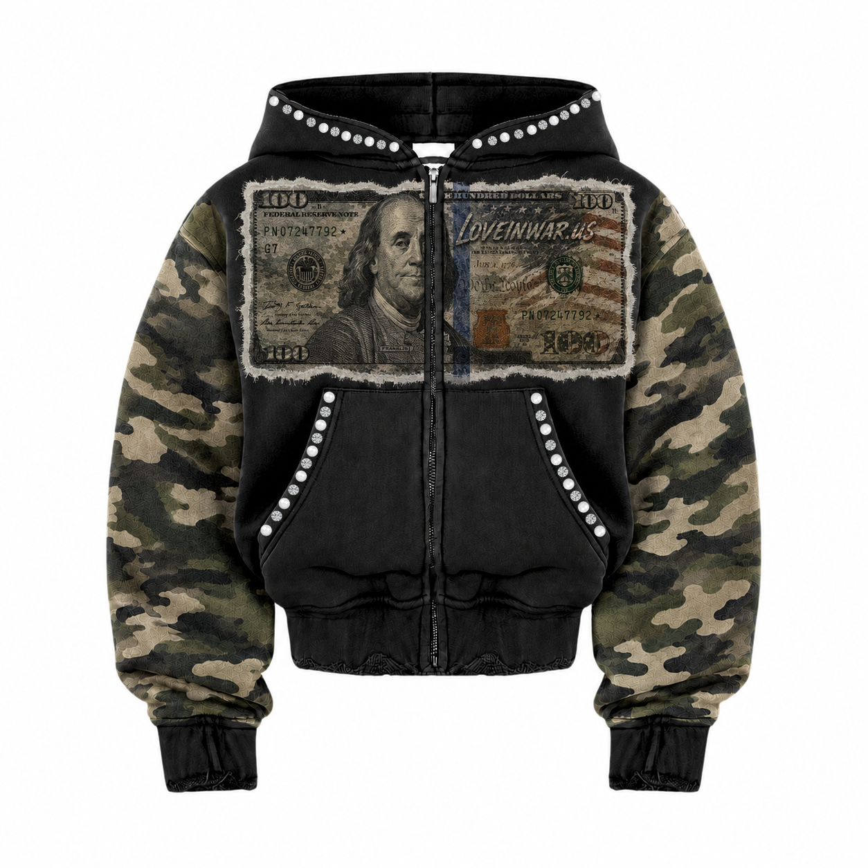 *BTS* CAMO HOODIE 100 BILL ZIP UP